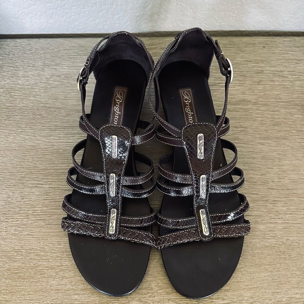 Brighton Brown Leather Silver Ladder Wedge Sandals 10 - Picture 2 of 10